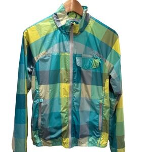 The North Face Womens Small Plaid Windbreaker Jacket Teal Green Yellow Full Zip